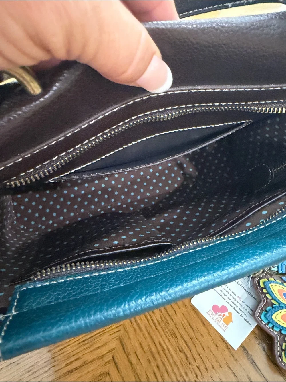 Chala Teal and Brown Leather Top-Handle Bag and Peacock Charm Purse